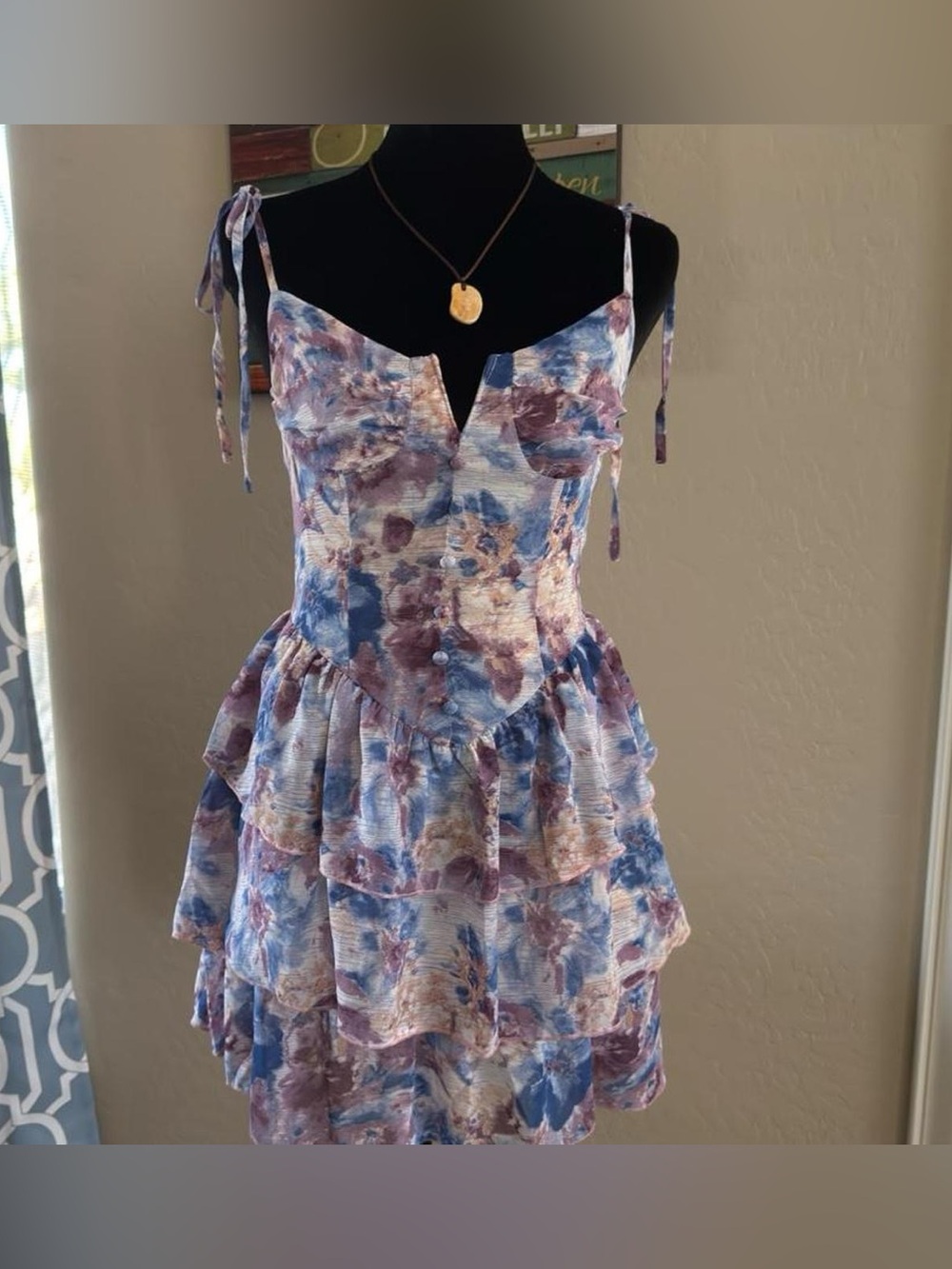 Floral Tiered Tie-Shoulder Sundress in Blue and Purple